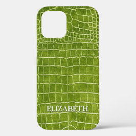 ワニのライムグリーンフェイクレザーパーソナライズ名 iPhone 12ケース