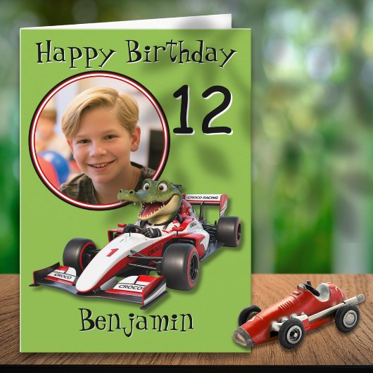 ワニのレーシングカー 写真1枚 12歳の誕生日カード カード