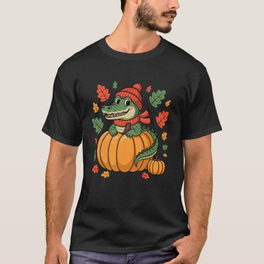 ワニの感謝祭 クロコダイル 秋 紅葉 好き Tシャツ (正面)