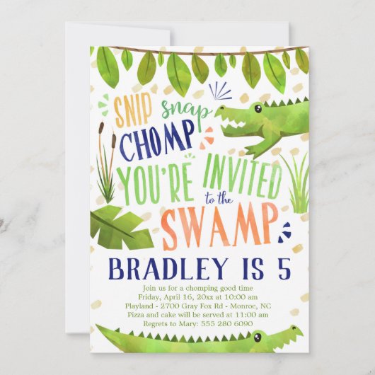 ワニまたはワニ誕生日パーティーの招待状 (正面)