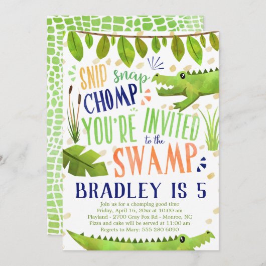 ワニまたはワニ誕生日パーティーの招待状 (正面/裏面)