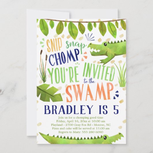 ワニまたはワニ誕生日パーティーの招待状 招待状 (正面)