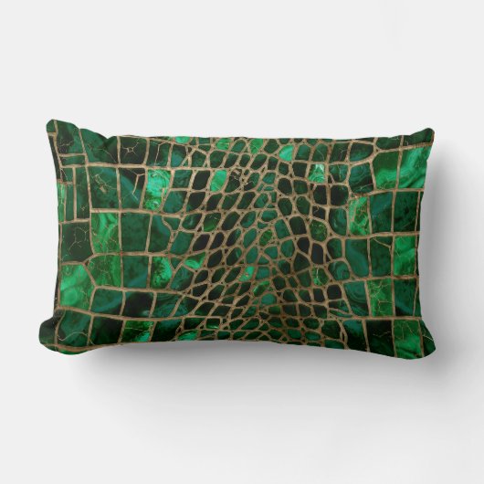 ワニフェイク組織マラカイトと金ゴールド ランバークッション (正面)