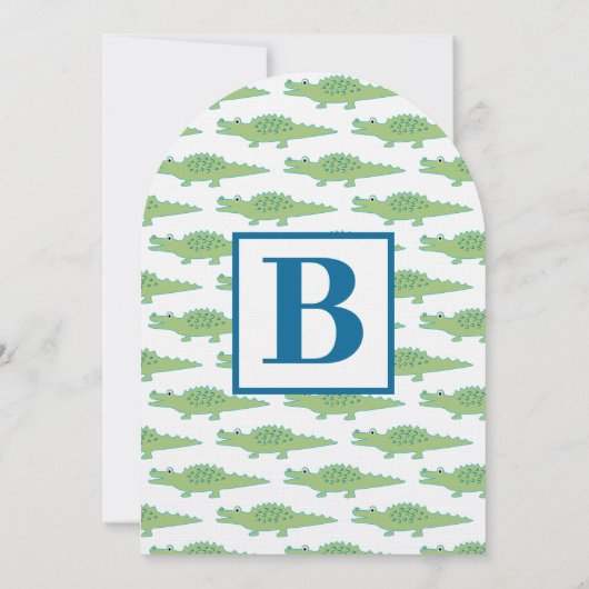 ワニモダンゲーターベイビーシャワーグリーンティール（緑がかった色）ブルー 招待状 (裏面)