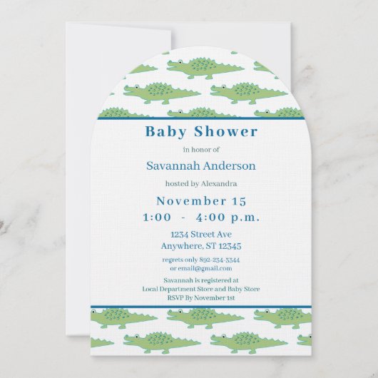 ワニモダンゲーターベイビーシャワーグリーンティール(緑がかった色)ブルー 招待状 (正面)