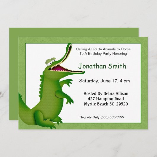 ワニ/アリゲータ誕生日招待状 招待状 (正面/裏面)