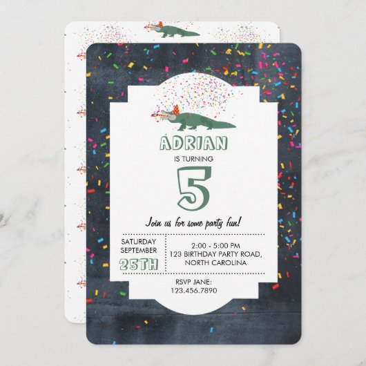 ワニ – 動物の誕生日パーティー 招待状 (正面/裏面)