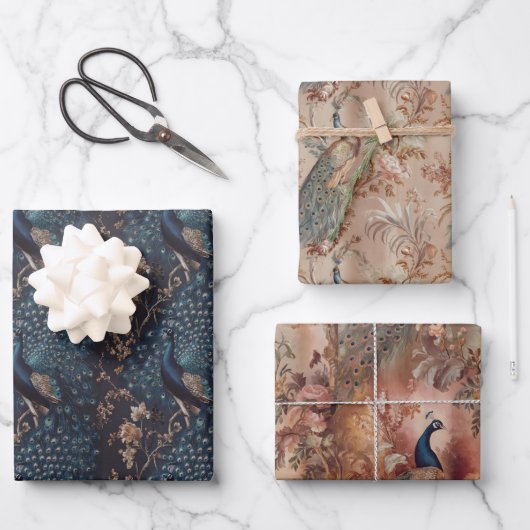 ワミクルヴィンテージスタイル模様ピーコック鳥 ラッピングペーパーシート (正面)