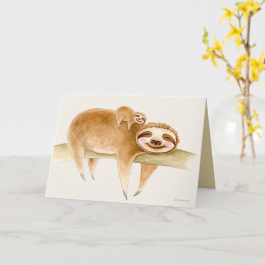 ワミナマケモノと可愛いベビー絵画の水色 カード (黄色い花)