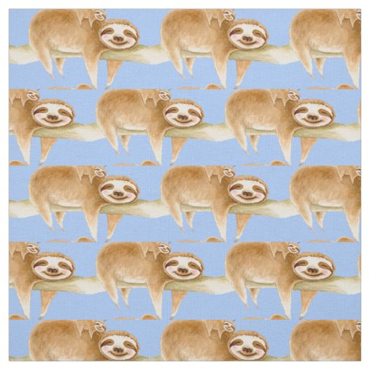 ワミナマケモノと可愛いベビー絵画の水色 ファブリック (見本)
