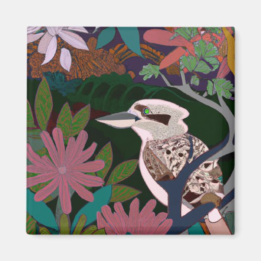 ワライカワセミ 熱帯の鳥 植物 絵画 花 マ マグネット (正面)
