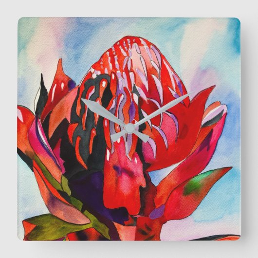 ワラタオーストラリア先住民フラワーウォーターカラー スクエア壁時計 (正面)