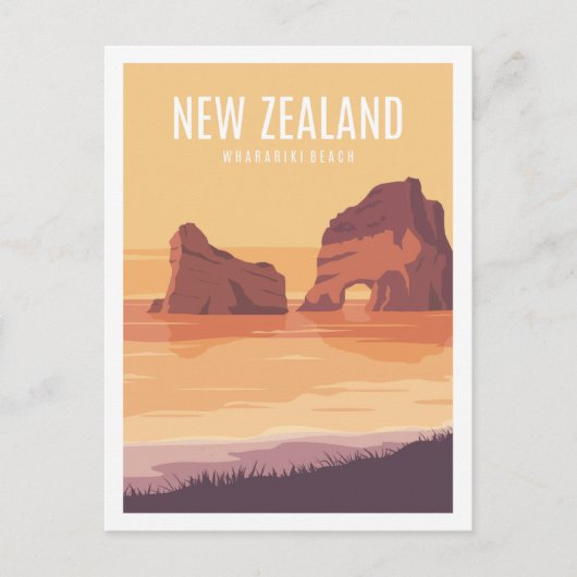 ワラリキビーチニュージーランドトラベルイラストレーション ポストカード (正面)