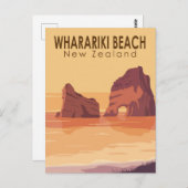ワラリキビーチニュージーランドトラベルヴィンテージアート ポストカード (正面/裏面)