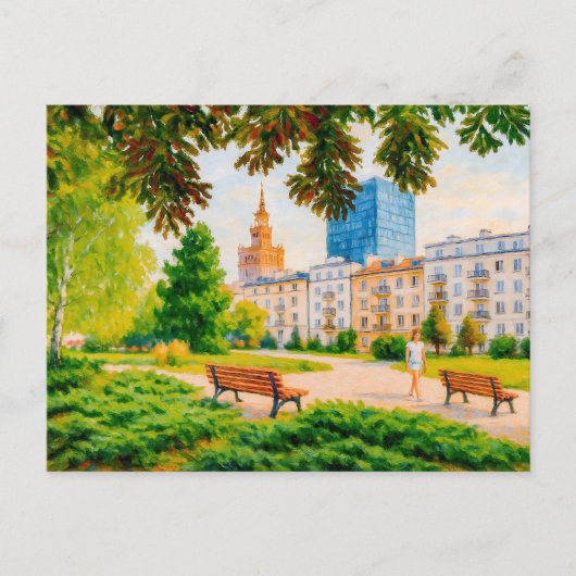 ワルシャワのスカイラインとパークビュー – カラフル絵を描油 シーズンポストカード (正面)