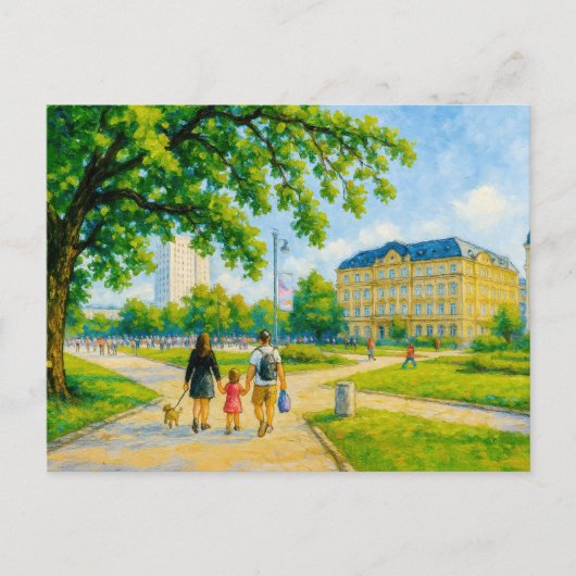 ワルシャワの公園の散歩 – 木と油絵 シーズンポストカード (正面)