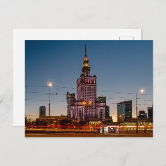 ワルシャワの夜の街並み文化宮殿 ポストカード (正面/裏面)