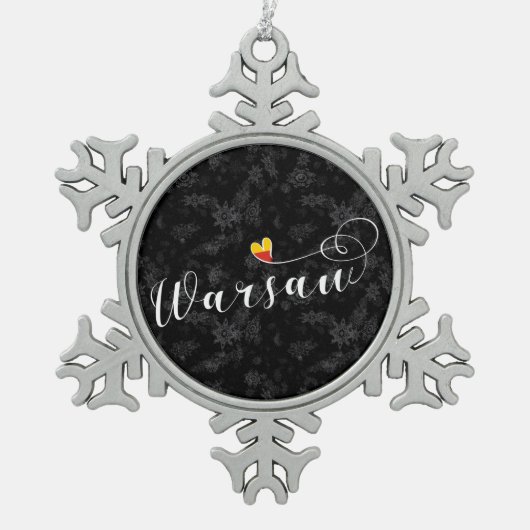 ワルシャワ国旗のハート、ワルシャワ、ポーランド スノーフレークピューターオーナメント (正面)