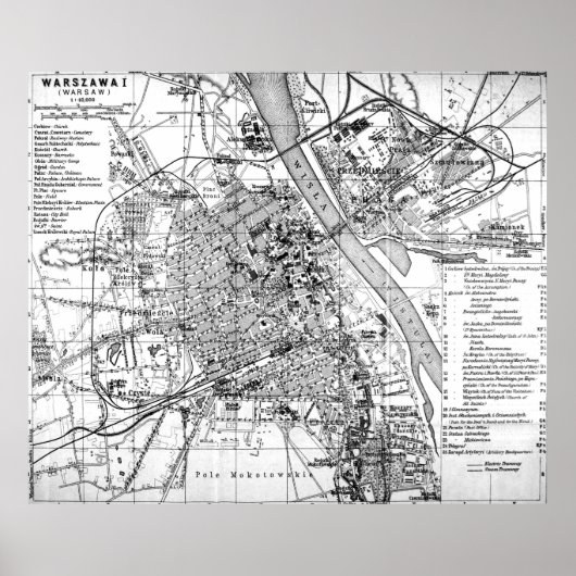 ワルシャワ・ポーランドのヴィンテージ地図（1914年） BW ポスター (正面)