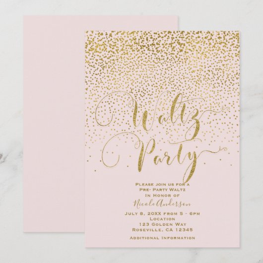 ワルツパーティー ダンスイベント ブラッシュピンク＆ゴールドの紙吹雪 招待状 (正面/裏面)
