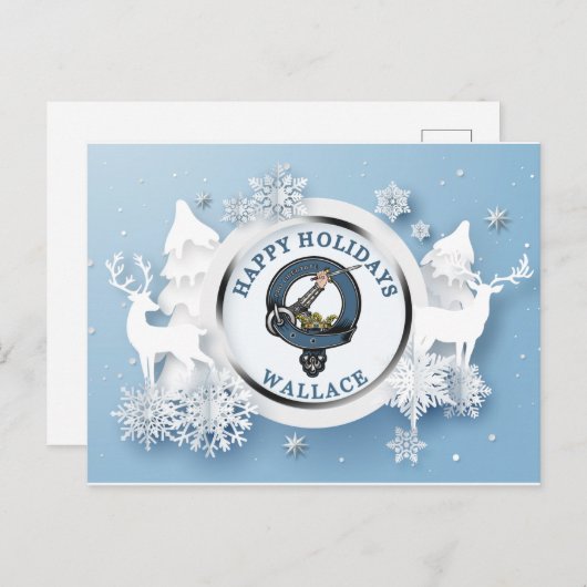 ワレスクランバッジと白いスタグスウィンター ポストカード (正面/裏面)