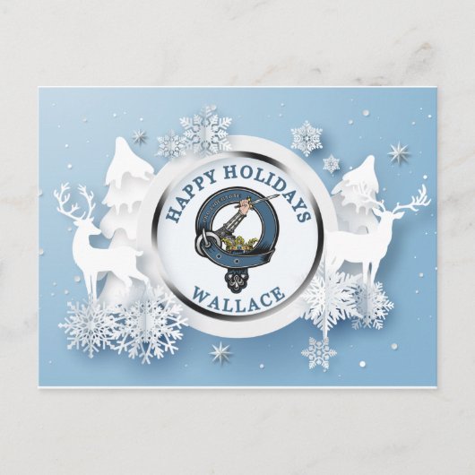 ワレスクランバッジと白いスタグスウィンター ポストカード (正面)