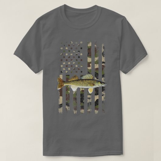ワレー迷彩柄アメリカ国旗魚釣りワレー Tシャツ (デザイン正面)