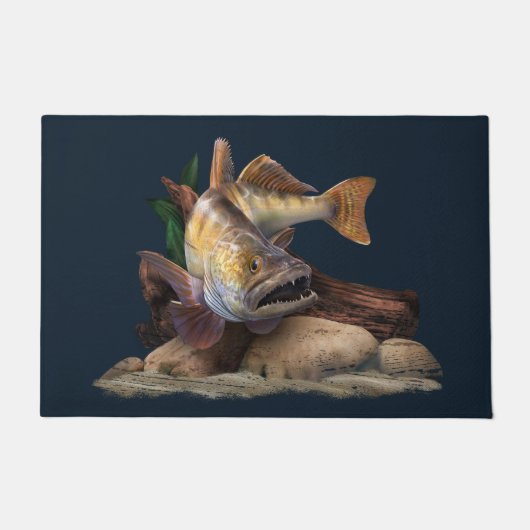 ワレー魚釣りイラストレーションワレー漁師 ドアマット (正面)