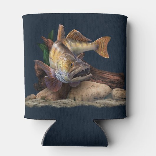 ワレー魚釣りイラストレーションワレー漁師 缶クーラー (裏面)