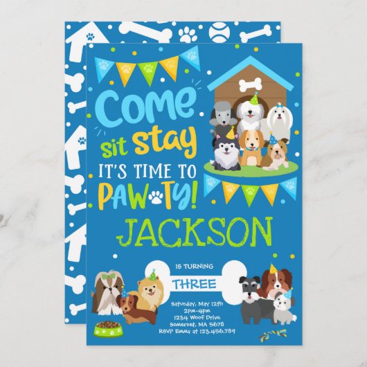 ワンちゃんパーティの招待状ドギー誕生日ポーティボーイ 招待状 (正面/裏面)