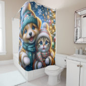 「ワンちゃん子ネコの初めてのクリスマスの大雪」 シャワーカーテン (インサイチュ)