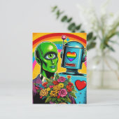 ワンアイドグリーンエイリアンとロボ結婚ット ポストカード (スタンド正面)
