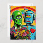 ワンアイドグリーンエイリアンとロボ結婚ット ポストカード (正面/裏面)