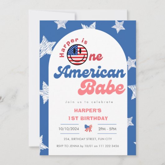 ワンアメリカンバベ7月1日の4th女の子誕生日 招待状 (正面)