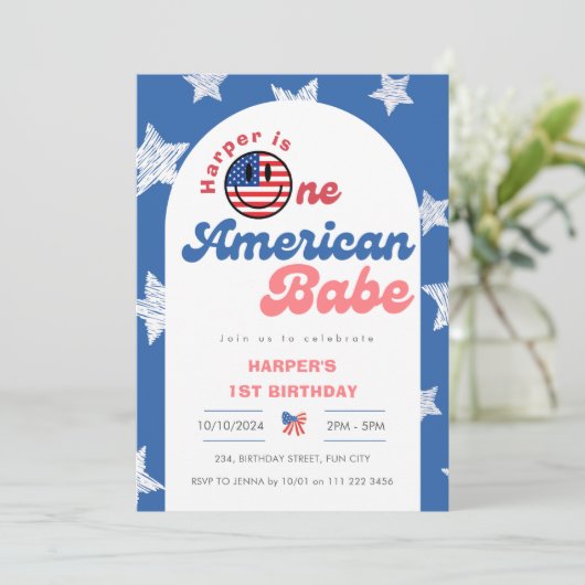 ワンアメリカンバベ7月1日の4th女の子誕生日 招待状 (スタンド正面)