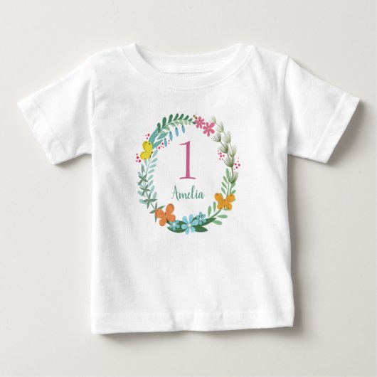 ワンイヤー誕生日カラフルバタフライフローラリース ベビーTシャツ (正面)