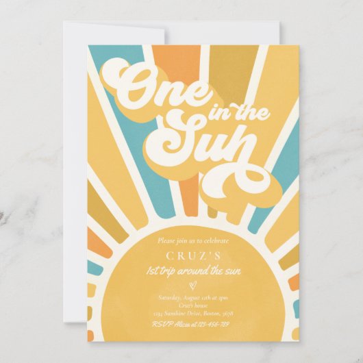 ワンインザサンシャイン第1誕生日レトロブルー 招待状 (正面)