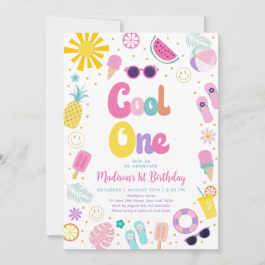 ワンガールクールサマープールパーティーファースト誕生日 招待状 (正面)