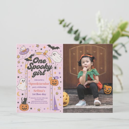 ワンガール不気味ハロウィーン幽霊1stバースデーフォト 招待状 (スタンド正面)