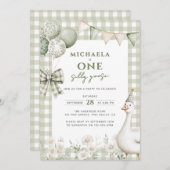 ワンガ間抜けースウォーターカラー第1誕生日グリーン 招待状 (正面/裏面)