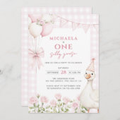 ワンガ間抜けースウォーターカラー第1誕生日ピンク 招待状 (正面/裏面)