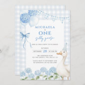 ワンガ間抜けースウォーターカラー第1誕生日ブルー 招待状 (正面/裏面)