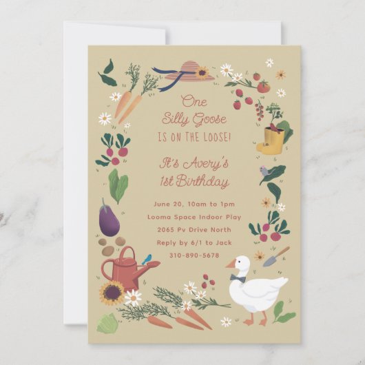 ワンガ間抜けースエイジ農家ガーデンテーマ誕生日 招待状 (正面)