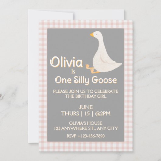 ワンガ間抜けースピンクギンガムガールズバースデーパーティー 招待状 (正面)