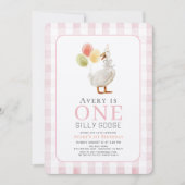 ワンガ間抜けースピンクギンガムガール第1誕生日 招待状 (正面)