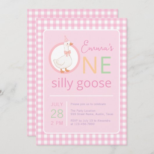 ワンガ間抜けースピンクパーティーハットガールファースト誕生日 招待状 (正面/裏面)