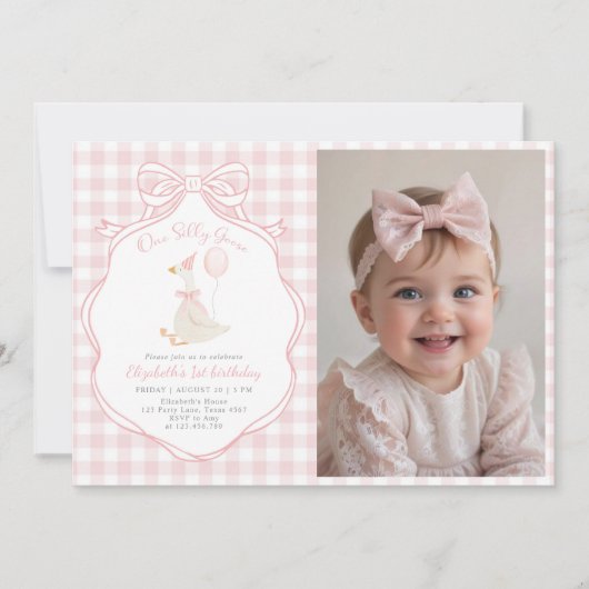 ワンガ間抜けースピンクボウファースト誕生日写真 招待状 (正面)