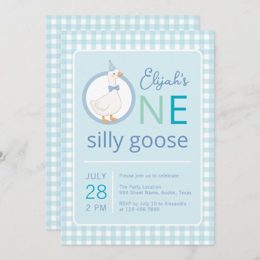 ワンガ間抜けースブルーパーティーハットボーイファースト誕生日 招待状 (正面/裏面)