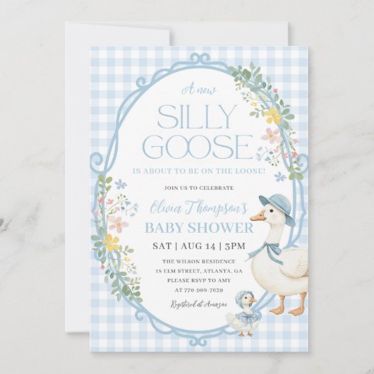 ワンガ間抜けースベイビーシャワーブルーギンガム 招待状 (正面)