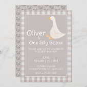 ワンガ間抜けースベージュギンガムファースト誕生日パーティー 招待状 (正面/裏面)